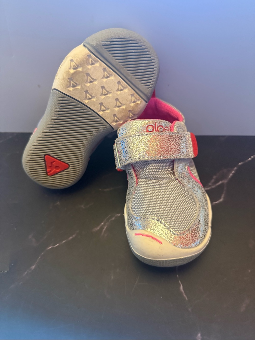 PLAE metallic silver with pink accent toddler sneakers